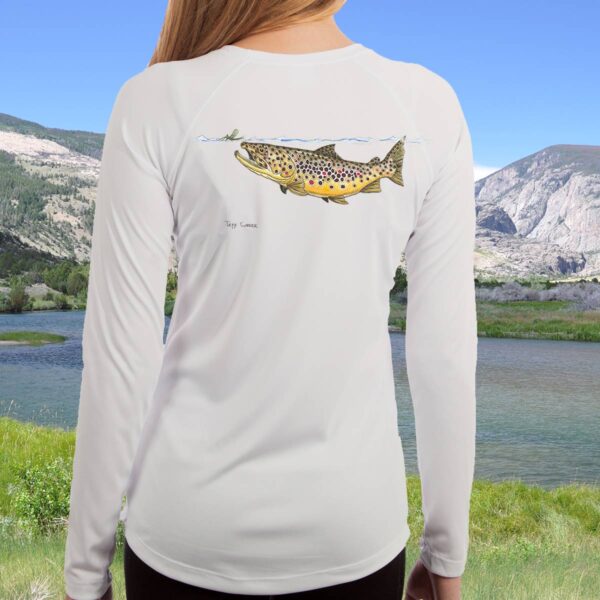 Swimming Brown Trout | Ladies Solar Long Sleeve Shirt - Image 3